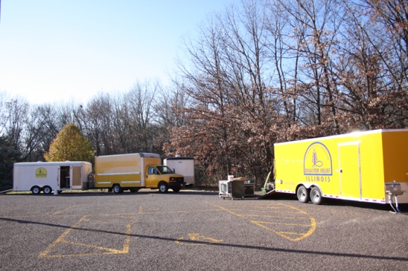 Disaster Relief vehicles parked at Woodland Baptist Church, Peoria.