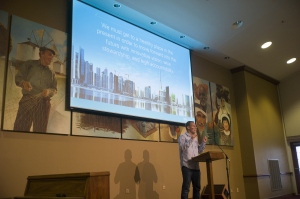 IMB President David Platt addresses staff and missionaries in a town hall meeting Thursday, August 27. Photo courtesy IMB